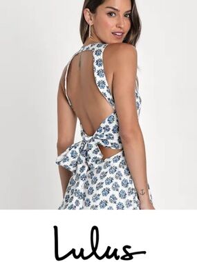 Lulu's White Floral Open-Back Tie Sundress with Blue Print
